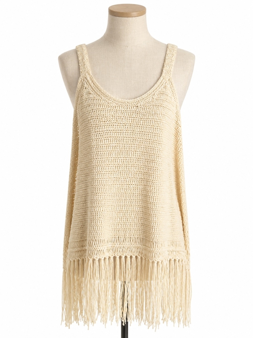 Cloud Chaser Crochet Fringe Tank Top Womens XL Beige Boho Festival Tunic Y2K2017